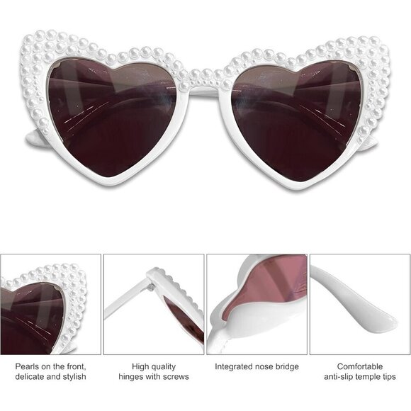 ❤️Women White Bride Sunglasses,Pearl Heart for Bride,Bridal Shower Accessory - Picture 4 of 7